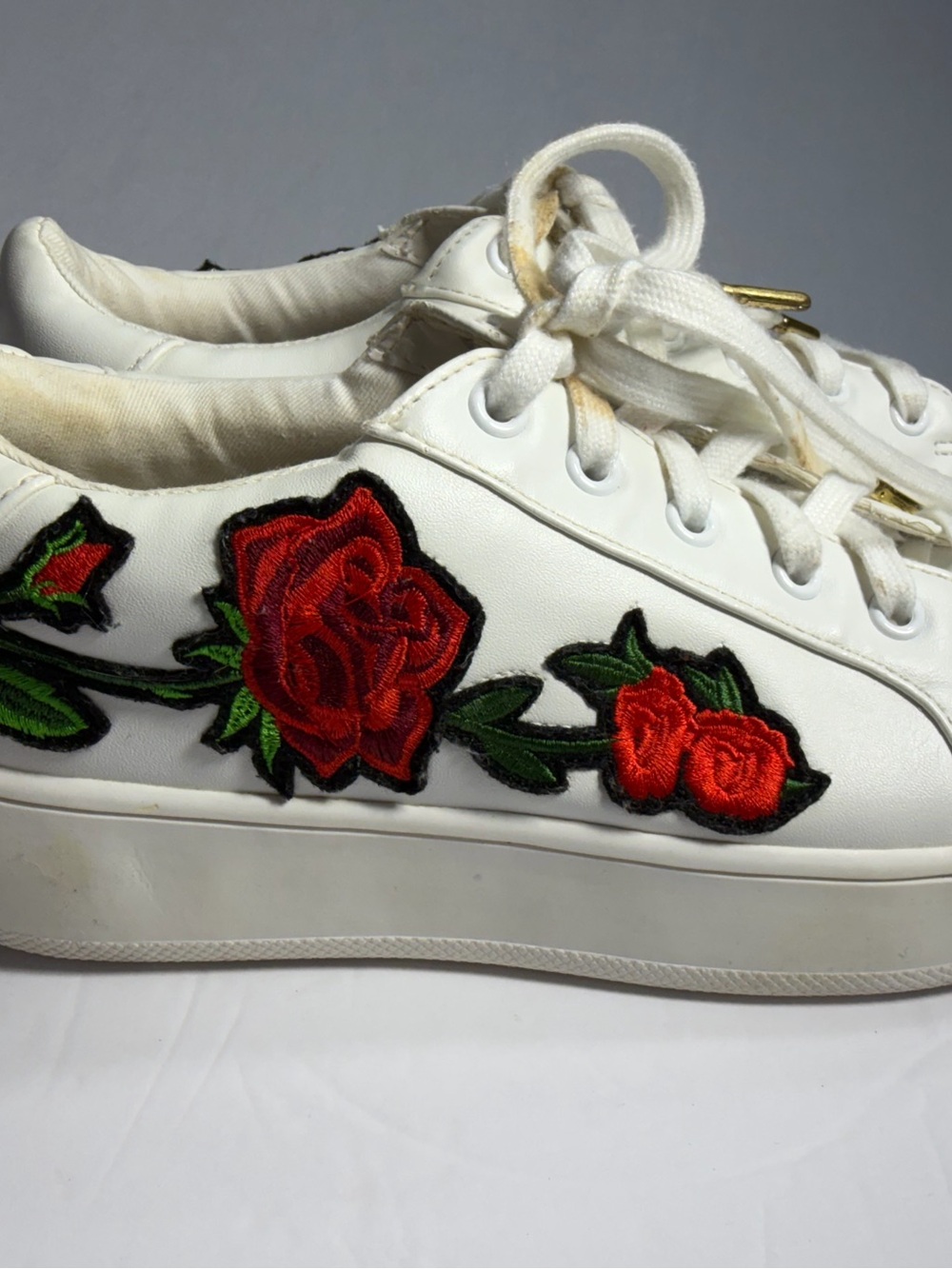 Steve Madden White Sneakers with Red Rose Embroidery